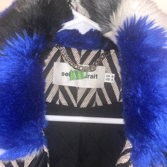 Self Portrait Zigzag Herringbone Pattern Bomber Jacket Zipper Fur Collar Size 4 - Picture 3 of 3